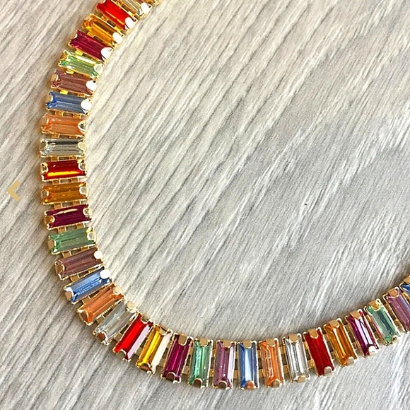 Gold Baguette Multicolor Rhinestone Choker Earrings Bracelet Matching Set 18k - Picture 11 of 13